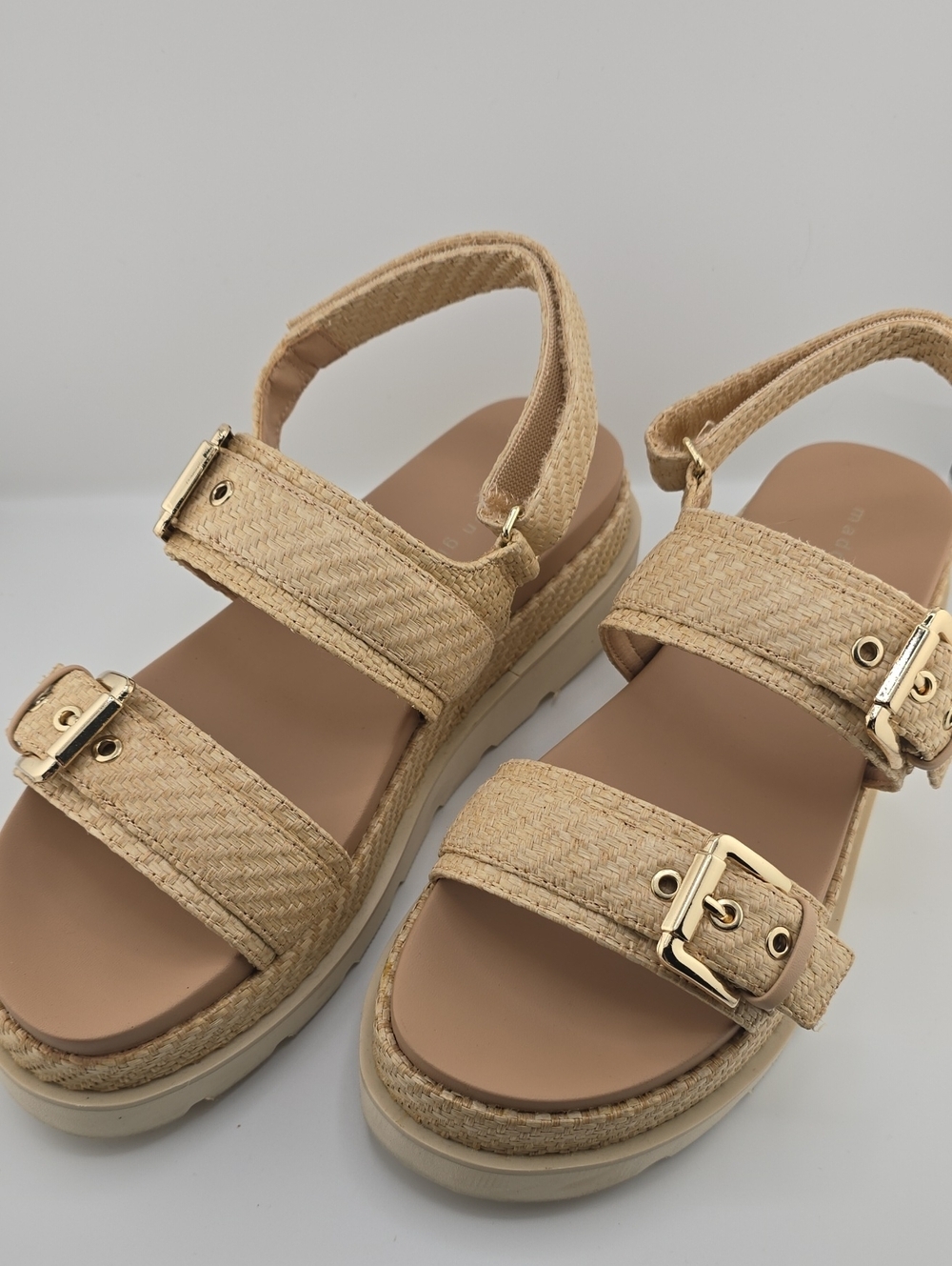 Madden Girl Maricca Woven Beige Platform Sandals with Gold Buckles